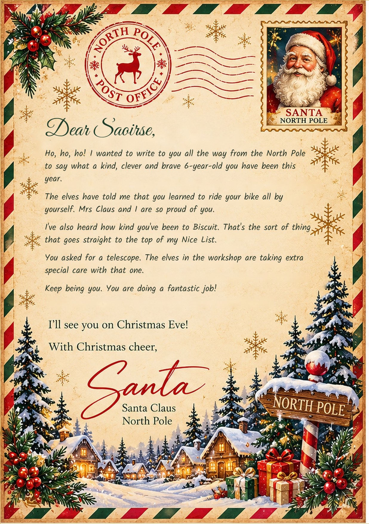 Sample personalised letter from Santa written to Saoirse